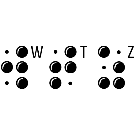 Logo Warsztatów Terapii Zajęciowej. Poszczególne litery W, T, Z czcionką Braille'a z małymi literami alfabetu.